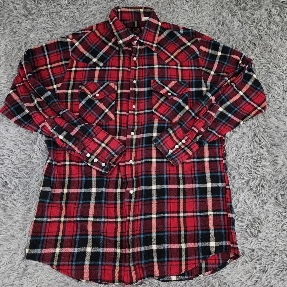 Plains Mens Medium Red Plaid Pearl Snap Long‎ Sleeve Flannel Western Shirt